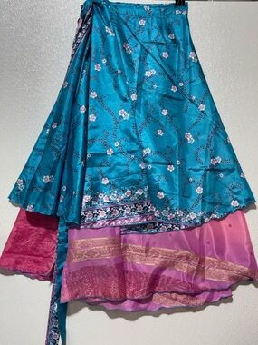 2/$60 SILK Teal Floral Magic Wrap Skirt with Pink Underskirt
